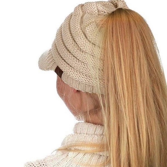 Beige Messy Pony Tail Beany Cap/Hat - Picture 1 of 5